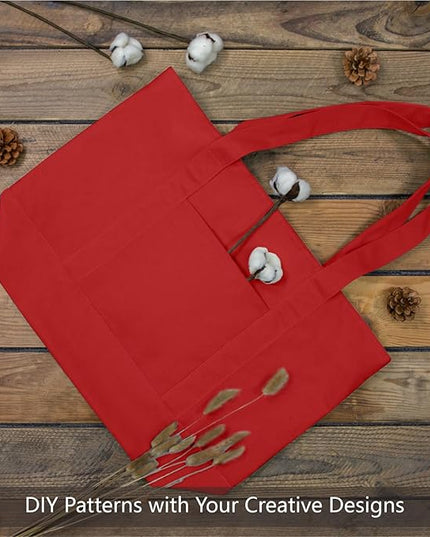 TOPDesign 3-Pack Canvas Tote Bags with an External Pocket, Reusable Grocery Shopping Bags, Top Zipper Closure, Daily Essentials (Red)