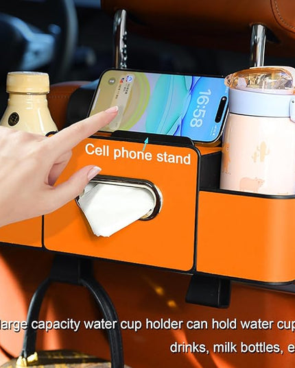Car Back Seat Organizer with Cup Holder, Car Seat Back Tissue Box and Storage Hook, Multifunctional Car Organizer for Hold Phone,Snacks, Drinks, Handbag, Compatible with Most Vehicles (Brown)
