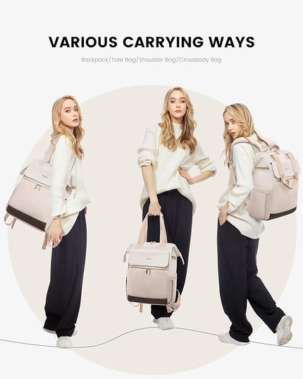 LOVEVOOK 17.3 Inch Laptop Backpack for Women, Large Capacity Travel Backpack with Organizer Bag, Waterproof Carry on Backpack Purse Work Bag with USB Port for Teacher Nurse, Beige-Nude