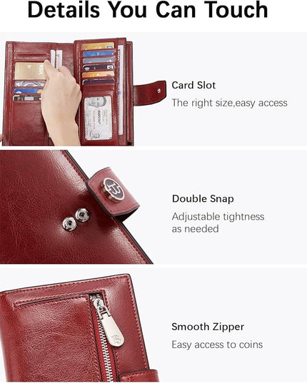BOSTANTEN Womens Wallet Genuine Leather Wallets Large Capacity Cash Cluth Purse with Zipper Pocket Wine Red