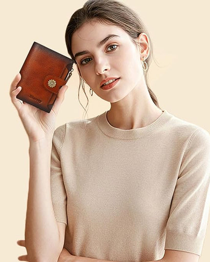 Blucoay Wallet Women,RFID Blocking Leather Womens Wallet Bifold Compact Card Holder Small Wallet for Women with Removable ID Window Brown