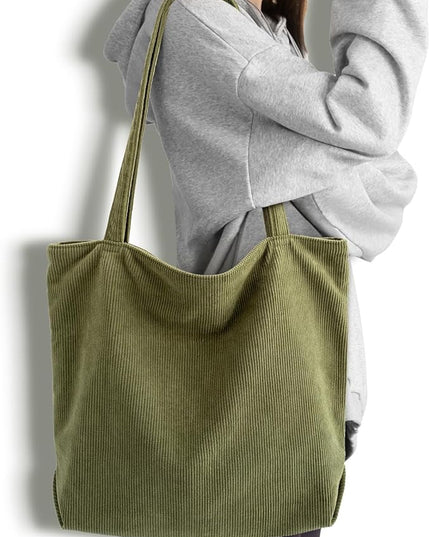 Iioscre Corduroy Tote Bag for Women,Hobo HandBags with Zipper,Large Capacity Casual Shoulder Handbags with Inner Pockets