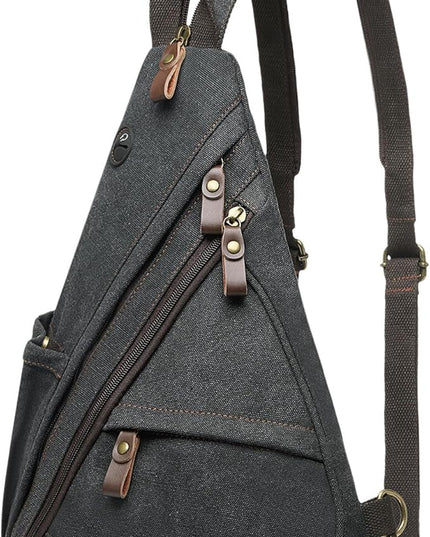 Vintage Canvas Sling Bag with Genuine Leather Zipper, 3 in 1 Crossbody, Backpack, and Chest Bag, for Travel, Hiking, 16x10x6 Inches, Black