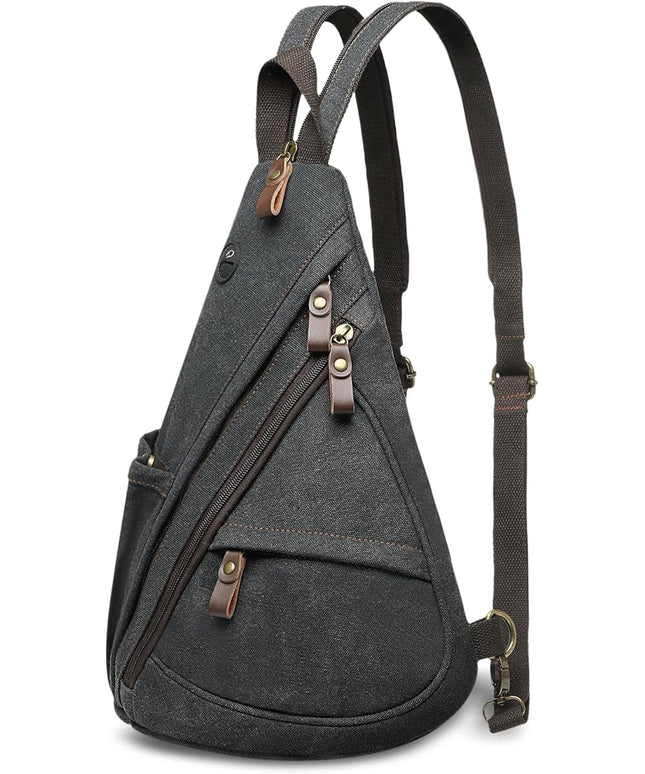 Vintage Canvas Sling Bag with Genuine Leather Zipper, 3 in 1 Crossbody, Backpack, and Chest Bag, for Travel, Hiking, 16x10x6 Inches, Black