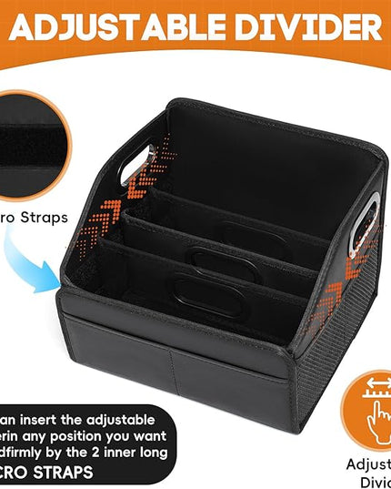 Car Storage Organizer Reinforced Dividable Leather Car Caddy Basket for Front Seat Floor Back Sturdy Frosted Handle 8 Compartments Adjustable Strap Buckles Slip-Resistant for SUV Truck