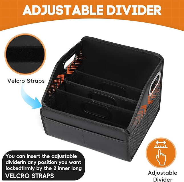 Car Storage Organizer Reinforced Dividable Leather Car Caddy Basket for Front Seat Floor Back Sturdy Frosted Handle 8 Compartments Adjustable Strap Buckles Slip-Resistant for SUV Truck