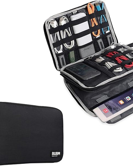 BUBM Double Layer Electronics Organizer/Travel Gadget Bag For Cables,Memory Cards,Flash Hard Drive and More,Fit For iPad Or Tablet(Up To 9.7")--Large, Black