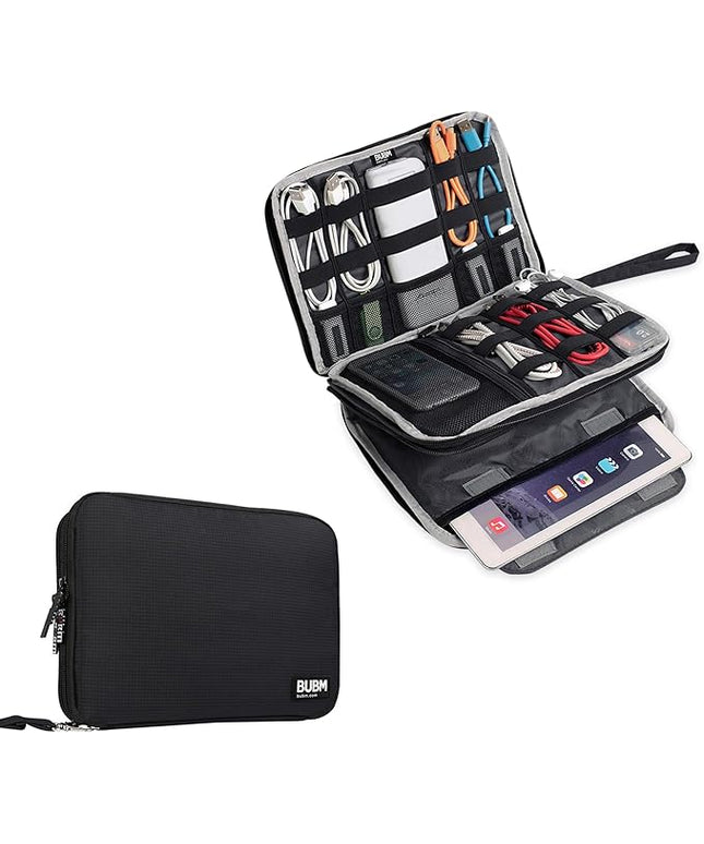 BUBM Double Layer Electronics Organizer/Travel Gadget Bag For Cables,Memory Cards,Flash Hard Drive and More,Fit For iPad Or Tablet(Up To 9.7")--Large, Black