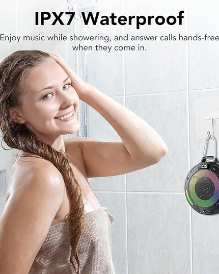 Bluetooth Speaker, 2025 Portable Wireless Shower Speaker, Digital Display Portable Speaker with Detachable hook ,IPX7 Waterproof with LED Light, HD Sound & Bass for Bathroom, Pool, Beach & Outdoor
