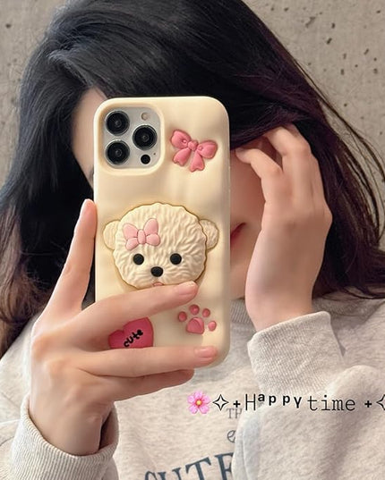 Case Compatible with iPhone 12 Pro Max,Cute 3D Kawaii Funny Dog Stand White Cartoon Cover with Keychain Soft Silicone Gel Drop Protector Women Girls
