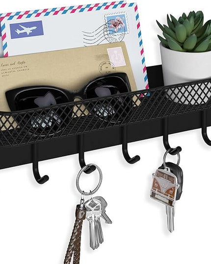 Lwenki Key Holder for Wall – Decorative Stainless Steel Key Hanger with 6 Hooks for Hats, Bags, Leashes – Mail Holder Key Rack with Mounting Hardware and Guide (9.65” x 2.8” x 2.2”) (Black)