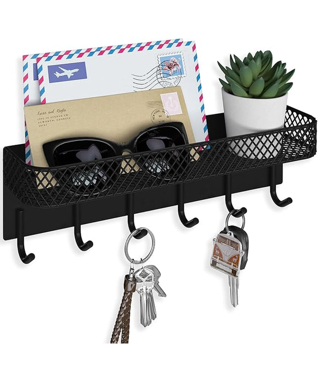 Lwenki Key Holder for Wall – Decorative Stainless Steel Key Hanger with 6 Hooks for Hats, Bags, Leashes – Mail Holder Key Rack with Mounting Hardware and Guide (9.65” x 2.8” x 2.2”) (Black)