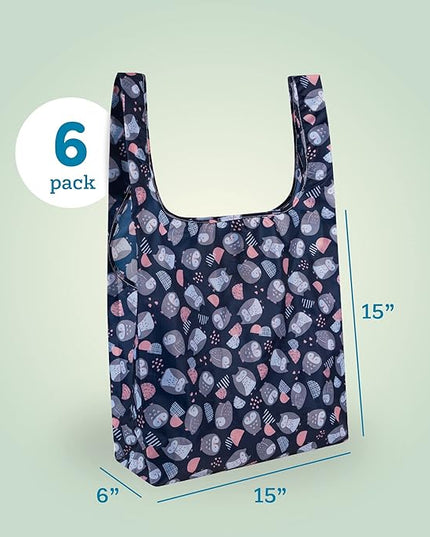 Masirs Reusable Grocery Bag (ANIMAL PATTERN | 6-PACK) - Reusable Ripstop Bags - Large, Strong Eco Friendly Bags - Foldable Shopping Bag - For Kitchen, Grocery & More - Packable Shopping Bag