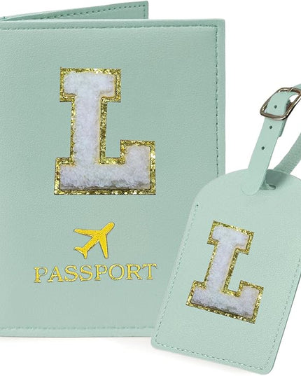 COSHAYSOO Green Passport Cover and Luggage Tag Set for Kids Teen Girls Women with Her Initial Letter, Fashionable Travel Bag Backpack Suitcase Identifier Gifts Teal L