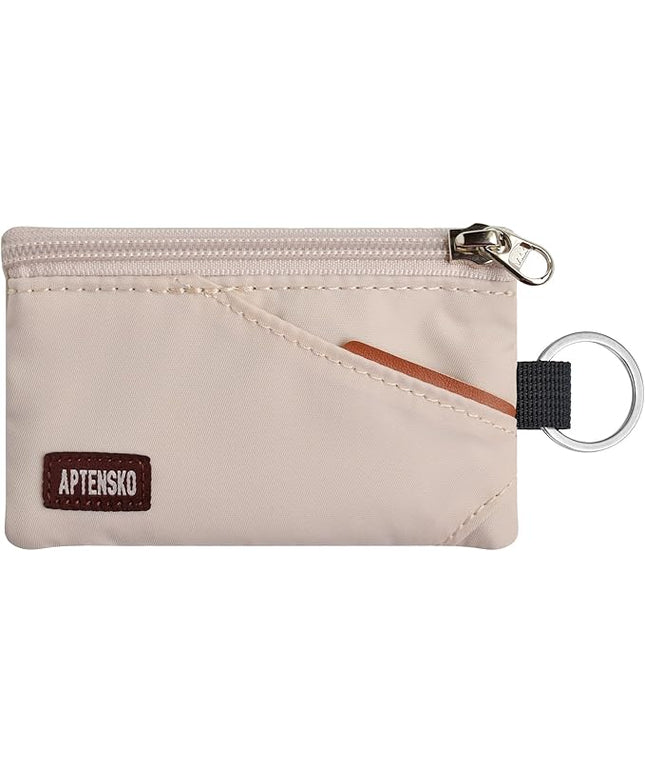 RFID Travel Wallet with Adjustable Lanyard-Zipper Small Wallet with ID Card Holder, Keychain for women&men-Minimalist Slim Waterproof Nylon case for ID, Cash, Key (Almond White)