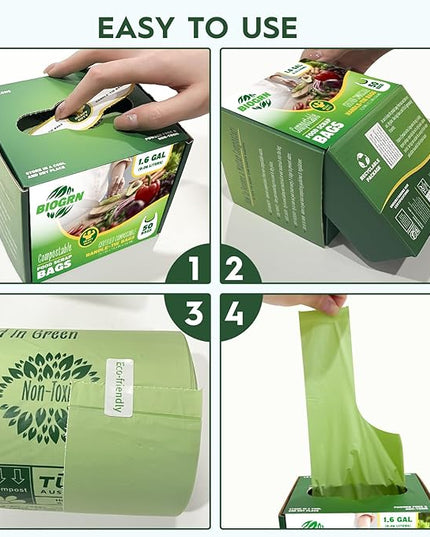Compostable Trash Bags 1.2-1.6 Gallon Handle Tie 50 Count 0.6 Mil 6.06 Liter Small Compost Bags for Countertop Bin Biodegradable Bags Green for Kitchen ASTM D6400 & BPI Certified, OK Compost Home