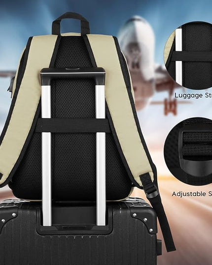 YAMTION School Backpack,Unisex Classic Bookbag Teens Schoolbag with USB Port for High School College Office Work Travel, 15.6 inch, Beige