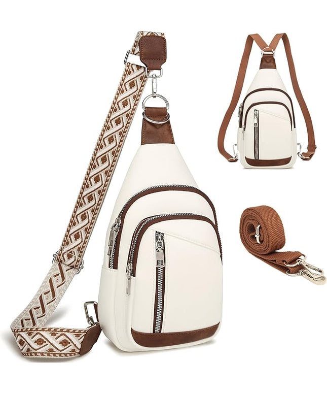 Sling Bag Crossbody Backpack - 2 in 1 Leather Cross Body Bag Fanny Pack with 2 Removable Straps