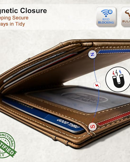BULLIANT Men Wallet,Slim Leather Wallet Money Clip Magnetic Closure Simplifed Bill Folder 10Cards RFID Blocking 4.3"×3"