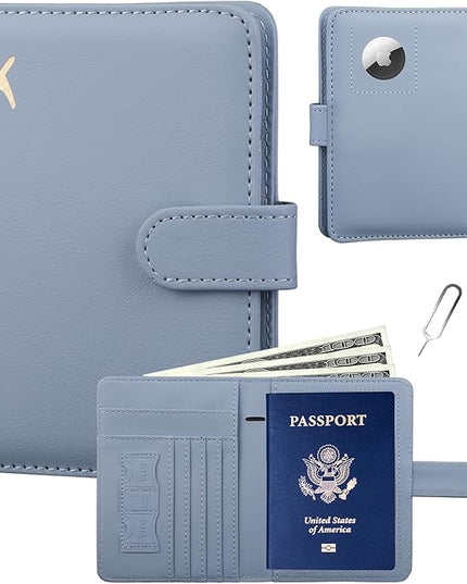 GOAUS Passport Holder for Travel with AirTag Slot Cards Cash Pocket, Faux Leather Travle Wallet Gifts for Women Men RFID Blocking Book Case Blue, AirTag Not Included