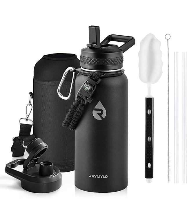 Insulated Water Bottle 32 oz, Triple Wall Vacuum Stainless Steel (Cold for 48 Hrs), Leak Proof & Non-BPA, Modern Water Flask Jug with Paracord Handle & Straw Spout Lids, Magic Black