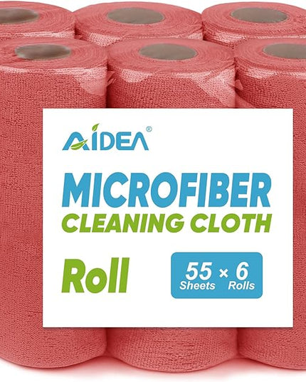 AIDEA Microfiber Cleaning Cloth 330 Sheets(6 Roll), Microfiiber Cloth for Cleaning Car, Reusable Paper Towels, Red Shop Rags Microfiber Towels for Automotive, Mechanic, Workshops, House-11×9"