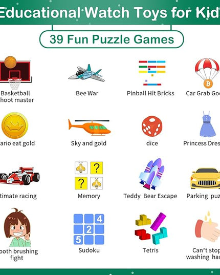 Phyulls Smart Watch for Kids with 39 Puzzle Games, Camera, Video Recorder, Music, Alarm, Calculator, Calendar, Flashlight, Pedometer - Birthday Gift for 3-12 Year Old Boys & Girls