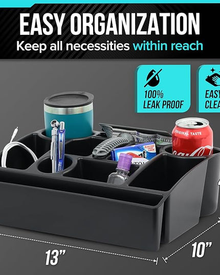 Vehicle Seat Organizer Car Storage Caddy with Carrying Handle, 2 Large Cup Holders, 10 Compartments, Hidden Extra Storage, Fits Most Vehicles, Made in USA from Recycled Plastic