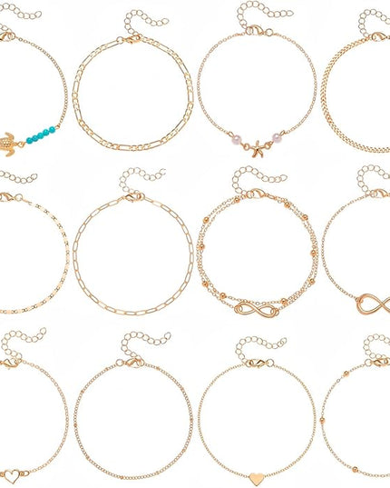Starain 12Pcs Summer Beach Anklets for Women Waterproof Gold Silver Chain Ankle Bracelets Cute Women's Foot Anklet Set 7.9-10.5 inch Adjustable