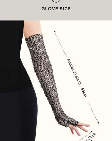 BABEYOND Opera Gloves for Women - Long Fingerless Sequin Sparkling Glitter Gloves Tea Party Stretchy Adult Size Elbow Length