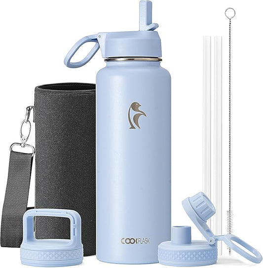 Water Bottle 32 oz Insulated with Straw, Coolflask Stainless Steel Metal 3 Lids Water Flask Wide Mouth for Sports or Office, Non-BPA Keep Cold Up to 48 Hrs or Hot Up to 24 Hrs, Light Blue