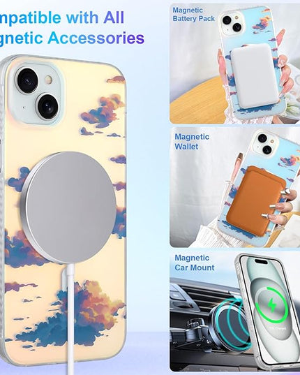 Cute Case for iPhone 15 Case for Women Girls [ Compatible with Magsafe ] Aesthetic Cloud Pattern Design, Girly Glitter Sparkly Bling Protective Phone Cover, Iridescent Sun Set Sky