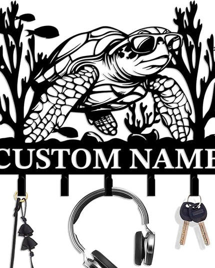 Casebrick Custom Sea Turtle Metal Wall Hooks,Key Holder-Personalized Iron Wall Decor for Keys, Coats & Home Organization (Black, Handmade,Decorative for Entryway, Beach,Bedroom,Office) (Style J)