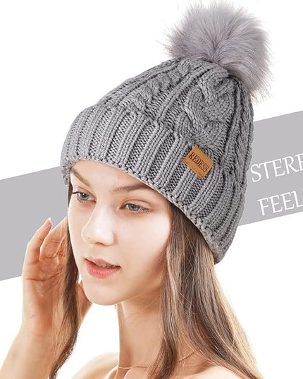 REDESS Women Winter Pompom Beanie Hat with Warm Fleece Lined, Thick Slouchy Snow Knit Skull Ski Cap