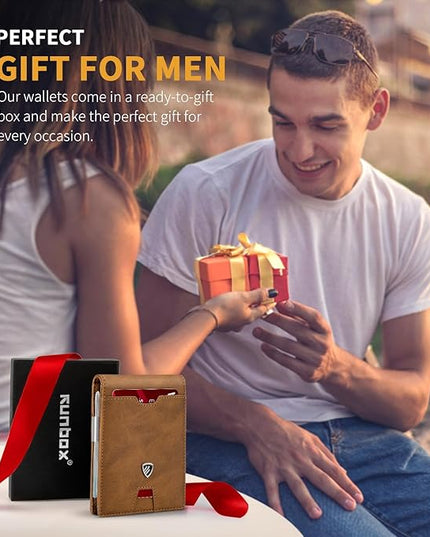 RUNBOX Mens Slim Wallet with Money Clip RFID Blocking Bifold Credit Card Holder for Men with Gift Box