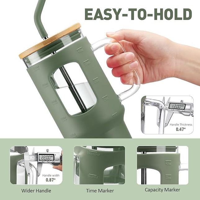 Glass Tumbler with Straw and Lid, 40 oz glass cup with handle, Glass Water Bottles with Time Marker, Silicone Protective Sleeve-Olive