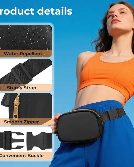 Cwualo Belt Bag Zipper Fanny Pack Crossbody Bags for Women,Fashion Nylon Waist Packs, Water Repellent Two Way wear with Adjustable Strap Gifts for Teenage Girls Women Men(Black)