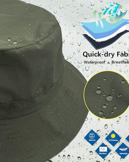 woogwin Waterproof Bucket Rain Hat with Chin Strap Quick Dry Packable Boonie Sun Hat Safari Hat UV Protection