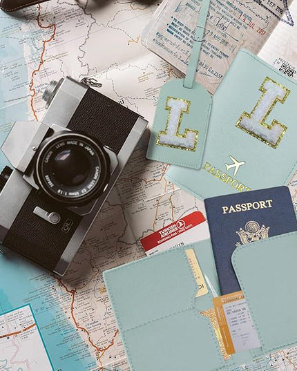 COSHAYSOO Green Passport Cover and Luggage Tag Set for Kids Teen Girls Women with Her Initial Letter, Fashionable Travel Bag Backpack Suitcase Identifier Gifts Teal L