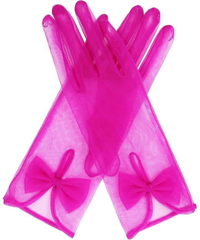 QRBTSCL Women's Short Tea Party Gloves Tulle Gloves with Bowknot Mesh Glove Wedding Bridesmaids Evening Party Glove
