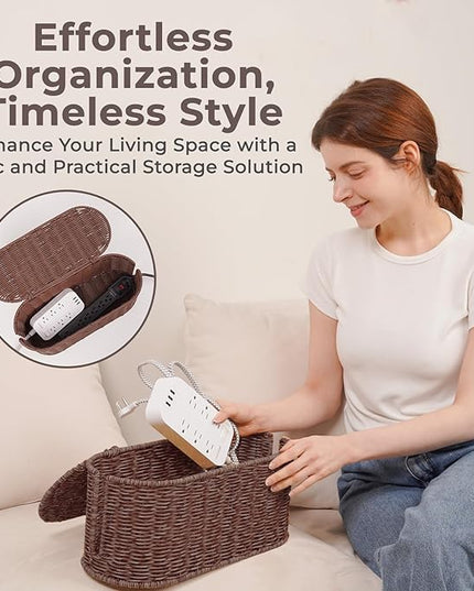 Cable Management Box, Handmade Rattan Cable Organizer, 2 Open Slots Cords Hider Box, Under Desk Cord Organizer for Computer Router USB Hub & Power Strip, Patent Pending, 15.9" x 6.5" x 6.5", Brown