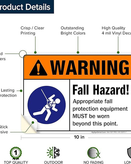 Warning Fall Hazard Appropriate Fall Protection Equipment Sign, 10x7 Inches, 4 Mil Vinyl Decal Stickers Weather Resistant, Made in USA by My Sign Center