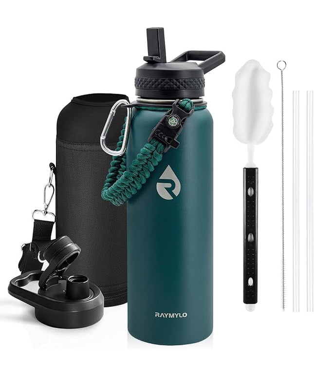 Insulated Water Bottle 40 oz, Triple Wall Vacuum Stainless Steel (Cold for 48 Hrs), Leak Proof & Non-BPA, Modern Water Flask Jug with Paracord Handle & Straw Spout Lids, Dark Green