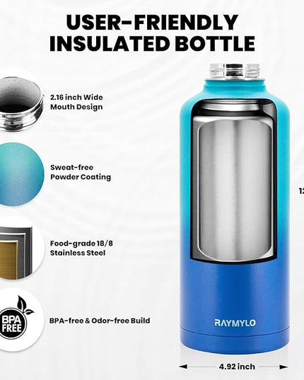 Insulated Water Bottle 87 oz, Triple Wall Vacuum Stainless Steel (Cold for 48 Hrs), Leak Proof & Non-BPA, Modern Water Flask Jug with Paracord Handle & Straw Spout Lids, Cyan Blue