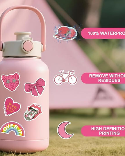 100 Pcs Preppy Stickers Vinyl Pink Aesthetic Waterproof Sticker Decor Party Supplies Suitable for Laptop Mobile Phone Computer Skateboard Water Bottle Suitcase Car