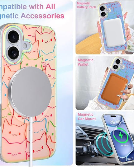 Cute Case for iPhone 17 Case for Women Girls Boys [ Compatible with Magsafe ] Iridescent and Black Cats Cat Pattern Design, Kawaii Colorful Animal Soft Bumper Protective Phone Cover