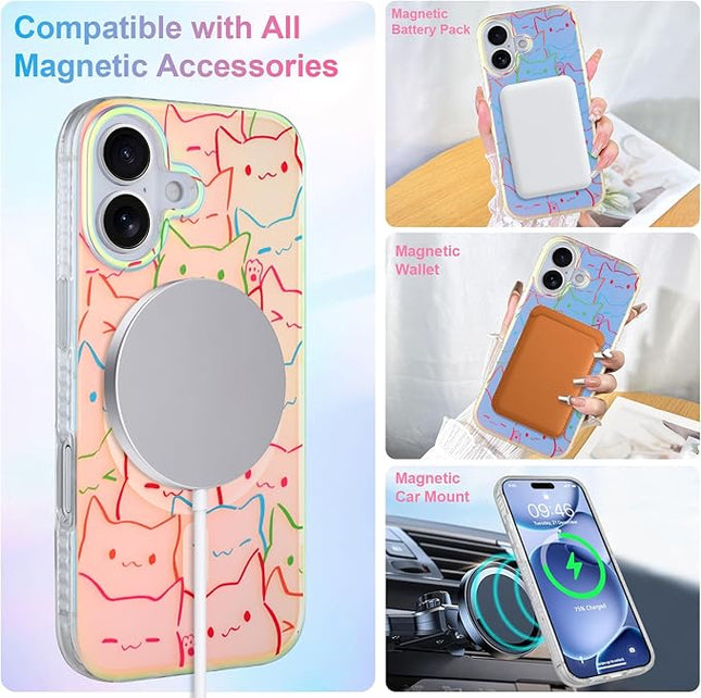 Cute Case for iPhone 17 Case for Women Girls Boys [ Compatible with Magsafe ] Iridescent and Black Cats Cat Pattern Design, Kawaii Colorful Animal Soft Bumper Protective Phone Cover