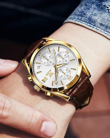 OLEVS Men's Chronograph Leather Watch, Big Face Easy to Read Analog Quartz Dress Watch, Casual Waterproof Luminous Hands Date Watches for Men, White/Blue/Black/Gold Dial