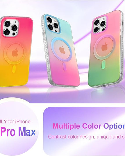 Aesthetic Case for iPhone 12 Pro Max Case for Women Girls, Compatible with Magsafe, Cute Girly Trendy Glitter Sparkly Rainbow Magnetic Protective Phone Cover, Matte Iridescent Pink & Green