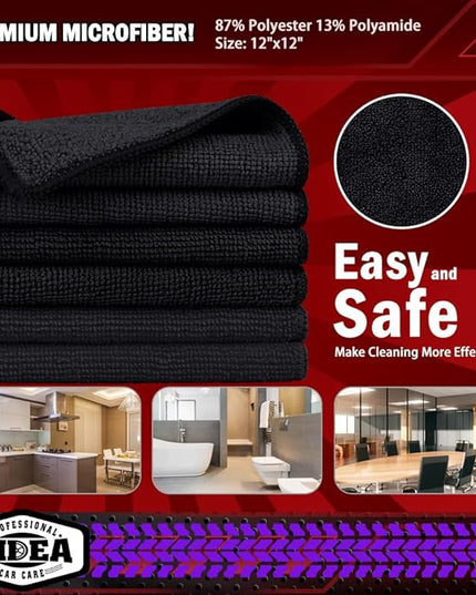 AIDEA Microfiber Cleaning Cloth Black 20PK, Microfiber Towels for Cars, Premium Car Cloth, Dusting Cloth Lint Free Cleaning Rags for SUVs, House, Kitchen, Window, Workshops,12×12"
